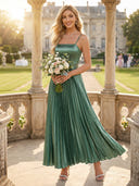 Satin A Line Square Neck Spaghetti Straps Pleated Bridesmaid Dresses