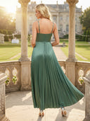 Satin A Line Square Neck Spaghetti Straps Pleated Bridesmaid Dresses