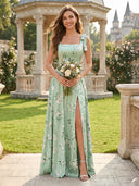 Floral Satin A Line Square Neck Bridesmaid Dresses with Slit