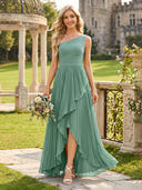Chiffon A Line One Shoulder High Low Ruched Bridesmaid Dresses