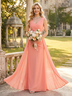 Chiffon V Neck A Line Sleeveless Ruched Bridesmaid Dresses