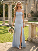 Satin Mermaid Square Neck Spaghetti Straps Bridesmaid Dresses with Slit