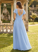 Chiffon Short Sleeves A Line Long Pleated Bridesmaid Dresses with Ruffles