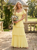Tiered Chiffon Short Sleeves V Neck A Line Long Pleated Bridesmaid Dresses