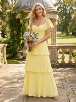 Tiered Chiffon Short Sleeves V Neck A Line Long Pleated Bridesmaid Dresses