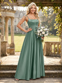 Satin A Line Square Neck Spaghetti Straps Corset Bridesmaid Dresses