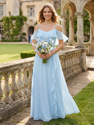 Chiffon A Line V Neck Off the Shoulder Bridesmaid Dresses with Ruffles