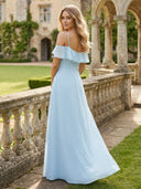 Chiffon A Line V Neck Off the Shoulder Bridesmaid Dresses with Ruffles