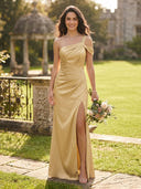 Satin One Shoulder Mermaid Bridesmaid Dresses with Slit