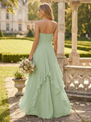 Chiffon Spaghetti Straps V Neck A Line Bridesmaid Dresses with Ruffles