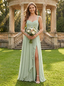 Chiffon Ruffle A Line Ruched Floor Length Bridesmaid Dresses with Slit