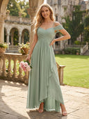 Chiffon Ruched A Line V Neck Off the Shoulder Bridesmaid Dresses
