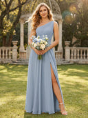 Chiffon One Shoulder Long A Line Bridesmaid Dresses with Slit