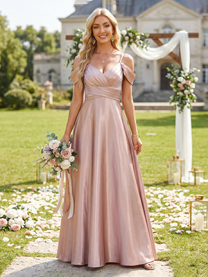 Satin Off the Shoulder Long A Line V Neck Ruched Bridesmaid Dresses