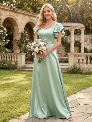 Satin V Neck A Line Short Sleeves Bridesmaid Dresses