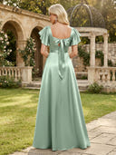 Satin V Neck A Line Short Sleeves Bridesmaid Dresses