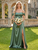 Satin Off the Shoulder A Line Long Bridesmaid Dresses with Slit