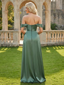 Satin Off the Shoulder A Line Long Bridesmaid Dresses with Slit