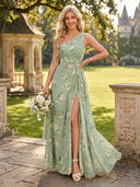 Chiffon A Line One Shoulder Floral Long Bridesmaid Dresses with Slit
