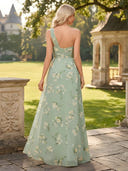 Chiffon A Line One Shoulder Floral Long Bridesmaid Dresses with Slit