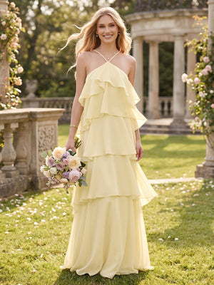 Tiered Chiffon A Line Halter Long Bridesmaid Dresses