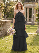 Tiered Chiffon A Line Halter Long Bridesmaid Dresses