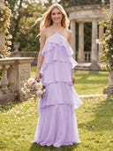 Tiered Chiffon A Line Halter Long Bridesmaid Dresses