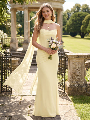 Mermaid Strapless Sleeveless Long Bridesmaid Dresses with Scarf