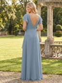 A Line V Neck Short Sleeves Long Bridesmaid Dresses with Slit