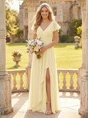 A Line Chiffon V Neck Short Sleeves Long Bridesmaid Dresses with Slit