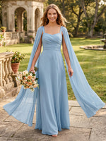 A Line Chiffon Square Neck Sleeveless Long Bridesmaid Dresses