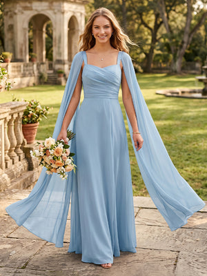 A Line Chiffon Square Neck Sleeveless Long Bridesmaid Dresses