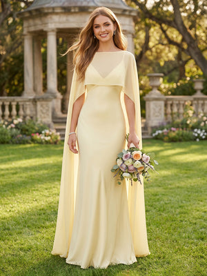 Mermaid V Neck Sleeveless Long Bridesmaid Dresses with Cape