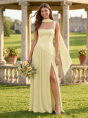 A Line Square Neck Sleeveless Long Bridesmaid Dresses with Scarf