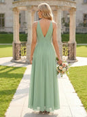 A Line Chiffon Halter Pleated Sleeveless Long Bridesmaid Dresses