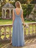 A Line Chiffon Cowl Neck Sleeveless Long Bridesmaid Dresses with Slit