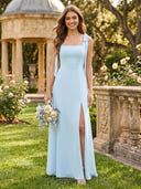 A Line Square Neck Sleeveless Long Bridesmaid Dresses with Slit