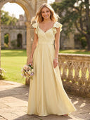 A Line V Neck Flutter Sleeves Long Bridesmaid Dresses