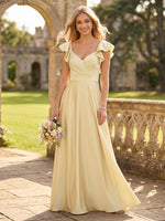 A Line V Neck Flutter Sleeves Long Bridesmaid Dresses