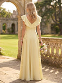 A Line V Neck Flutter Sleeves Long Bridesmaid Dresses