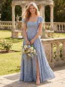 A Line Square Neck Short Sleeves Long Bridesmaid Dresses with Slit