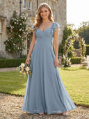 Chiffon A Line V Neck Flutter Sleeves Long Bridesmaid Dresses