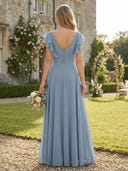 Chiffon A Line V Neck Flutter Sleeves Long Bridesmaid Dresses