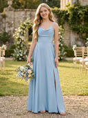 Satin A Line Sweetheart Sleeveless Long Bridesmaid Dresses with Slit