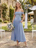 Satin A Line Off Shoulder Sleeveless Long Bridesmaid Dresses with Pockets