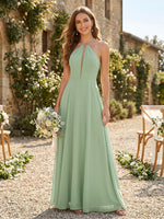 Chiffon A Line Halter Sleeveless Long Bridesmaid Dresses
