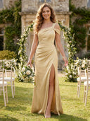 Mermaid One Shoulder Sleeveless Long Bridesmaid Dresses with Slit