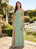 A Line One Shoulder Sleeveless Long Bridesmaid Dresses with Slit