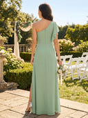 A Line One Shoulder Sleeveless Long Bridesmaid Dresses with Slit