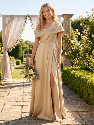 A Line Off Shoulder Sleeveless Long Bridesmaid Dresses with Slit